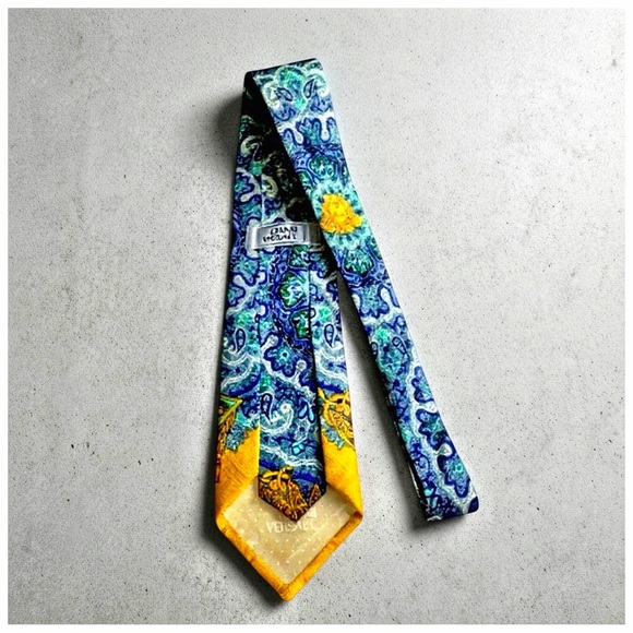 Versace Medusa Silk Tie – Blue, Green & Gold Baroque Print – Italy - Picture 4 of 12